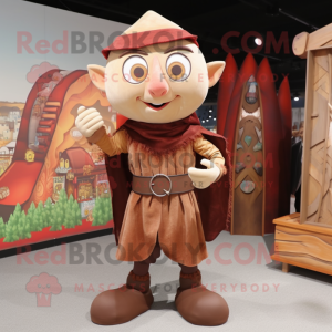Brown Elf mascot costume character dressed with a Shorts and Shawl pins