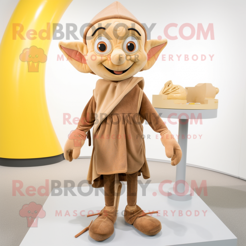 Brown Elf mascot costume character dressed with a Shorts and Shawl pins