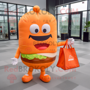 Orange Hamburger mascot costume character dressed with a Dress Pants and Tote bags