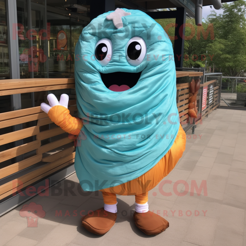 Turquoise Croissant mascot costume character dressed with a Denim Shorts and Scarf clips Turquoise Croissant mascot costume character dressed with a Denim Shorts and Scarf clips