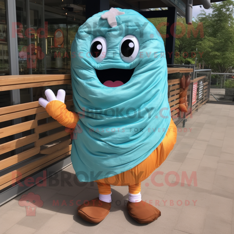 Turquoise Croissant mascot costume character dressed with a Denim Shorts and Scarf clips