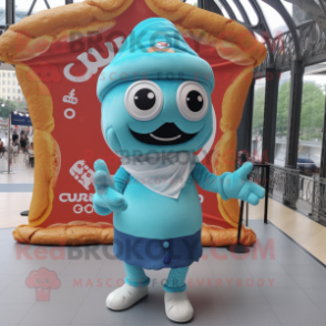 Turquoise Croissant mascot costume character dressed with a Denim Shorts and Scarf clips