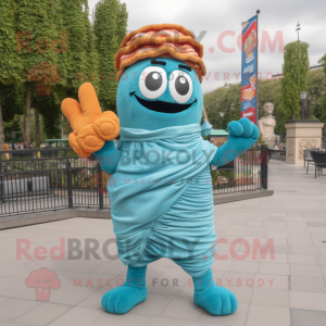 Turquoise Croissant mascot costume character dressed with a Denim Shorts and Scarf clips