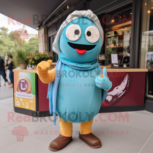 Turquoise Croissant mascot costume character dressed with a Denim Shorts and Scarf clips