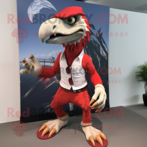 Red Utahraptor mascot costume character dressed with a Board Shorts and Suspenders