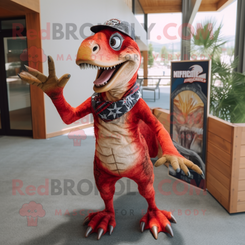 Red Utahraptor mascot costume character dressed with a Board Shorts and Suspenders