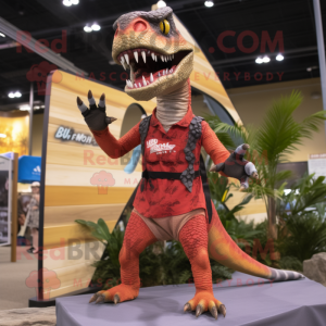 Red Utahraptor mascot costume character dressed with a Board Shorts and Suspenders