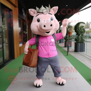 Pink Wild Boar mascot costume character dressed with a Chinos and Clutch bags