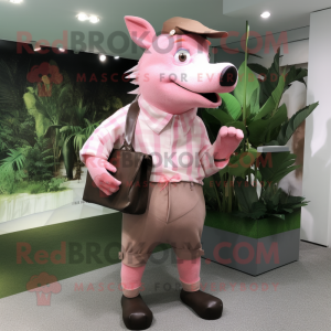 Pink Wild Boar mascot costume character dressed with a Chinos and Clutch bags