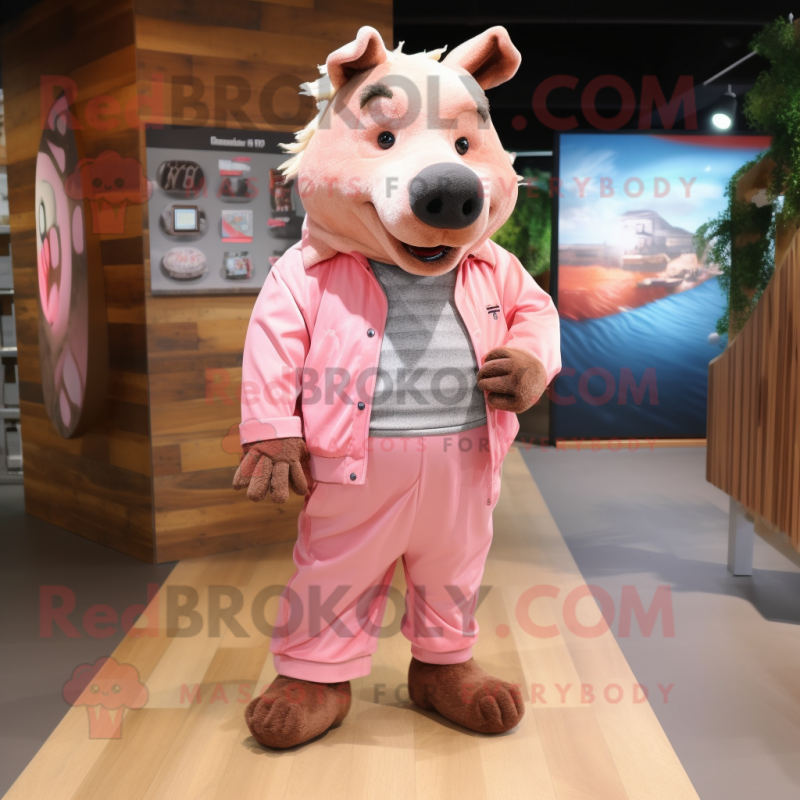 Pink Wild Boar mascot costume character dressed with a Chinos and Clutch bags