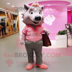 Pink Wild Boar mascot costume character dressed with a Chinos and Clutch bags