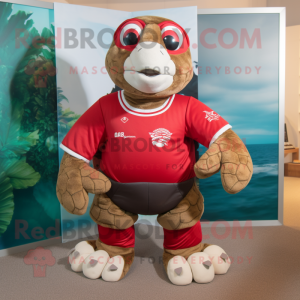 Red Sea Turtle mascot costume character dressed with a Rugby Shirt and Tie pins