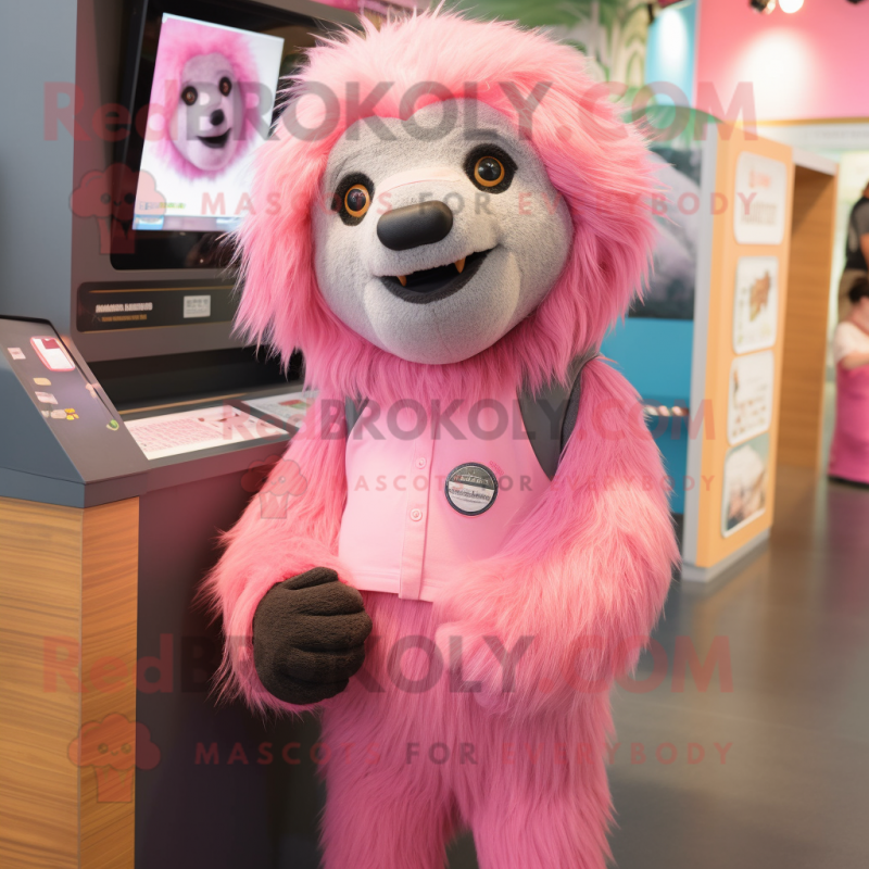 Pink Sloth Bear mascot costume character dressed with a Shorts and Hair clips Pink Sloth Bear mascot costume character dressed with a Shorts and Hair clips