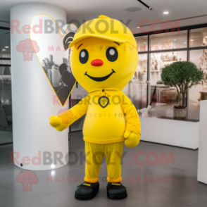 Yellow Arrow Of Love mascot costume character dressed with a Suit Pants and Beanies