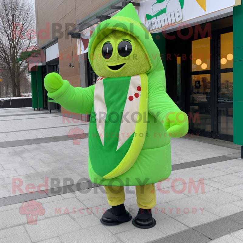 Lime Green Pizza Slice mascot costume character dressed with a Parka and Scarves