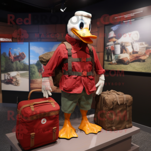 Maroon Muscovy Duck mascot costume character dressed with a Cargo Shorts and Messenger bags