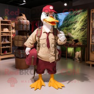 Maroon Muscovy Duck mascot costume character dressed with a Cargo Shorts and Messenger bags