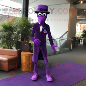 Purple Stilt Walker mascot costume character dressed with a Suit Jacket and Anklets