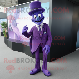 Purple Stilt Walker mascot costume character dressed with a Suit Jacket and Anklets