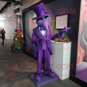 Purple Stilt Walker mascot costume character dressed with a Suit Jacket and Anklets