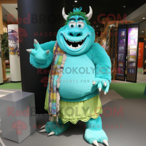 Turquoise Ogre mascot costume character dressed with a Maxi Skirt and Keychains