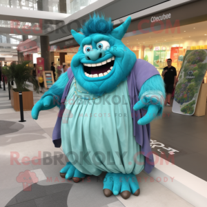 Turquoise Ogre mascot costume character dressed with a Maxi Skirt and Keychains