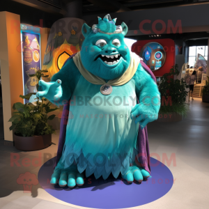 Turquoise Ogre mascot costume character dressed with a Maxi Skirt and Keychains