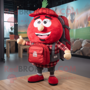 Red Hamburger mascot costume character dressed with a Flannel Shirt and Backpacks