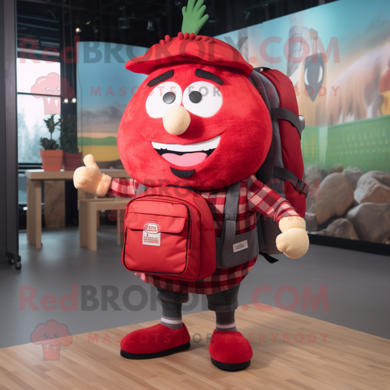 Red Hamburger mascot costume character dressed with a Flannel Shirt and Backpacks Red Hamburger mascot costume character dressed with a Flannel Shirt and Backpacks