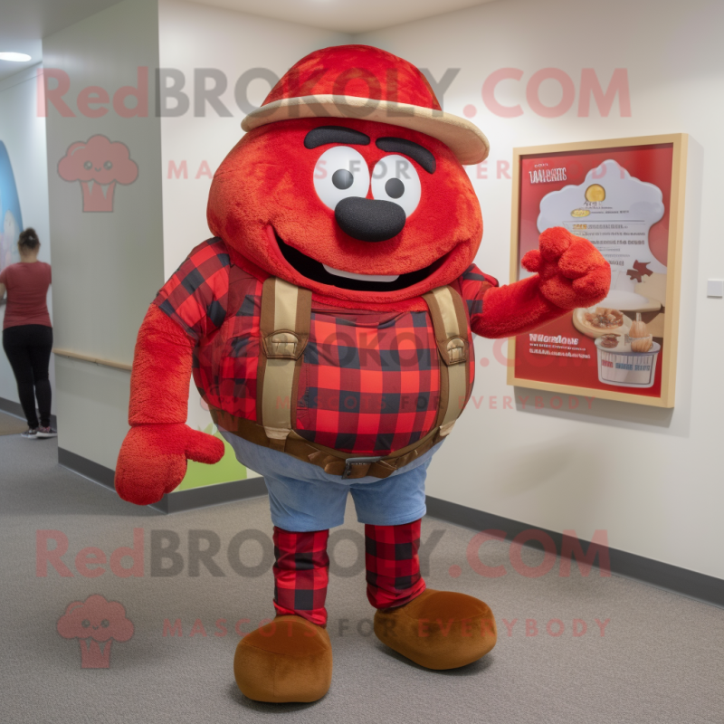 Red Hamburger mascot costume character dressed with a Flannel Shirt and Backpacks Red Hamburger mascot costume character dressed with a Flannel Shirt and Backpacks