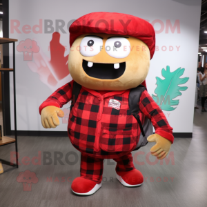 Red Hamburger mascot costume character dressed with a Flannel Shirt and Backpacks