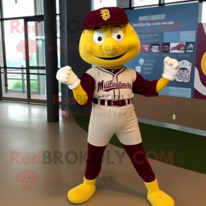 Maroon Lemon mascot costume character dressed with a Baseball Tee and Gloves