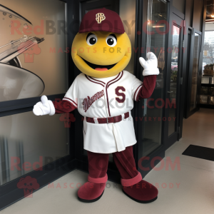 Maroon Lemon mascot costume character dressed with a Baseball Tee and Gloves