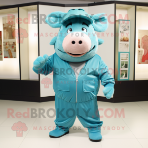 Turquoise Pig mascot costume character dressed with a Joggers and Hat pins