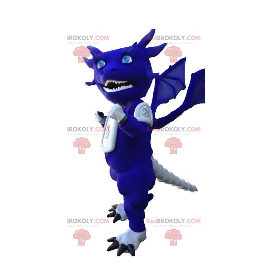 Mascotte de dragon bleu et blanc rigolo et original -