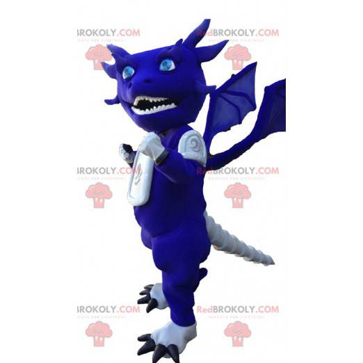 Mascotte de dragon bleu et blanc rigolo et original -