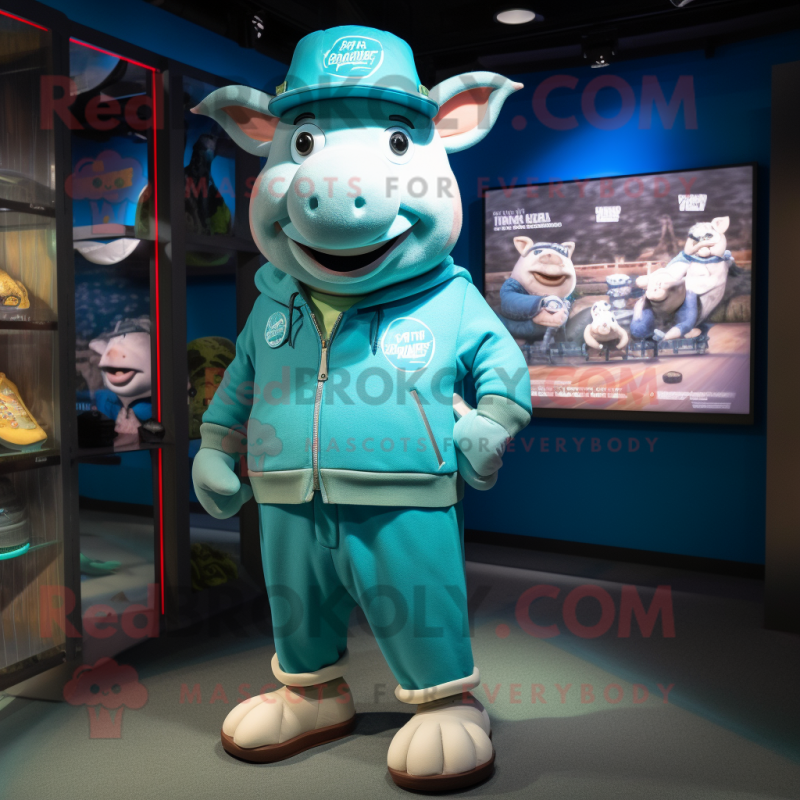 Turquoise Pig mascot costume character dressed with a Joggers and Hat pins