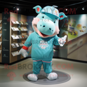 Turquoise Pig mascot costume character dressed with a Joggers and Hat pins