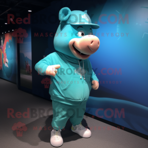 Turquoise Pig mascot costume character dressed with a Joggers and Hat pins