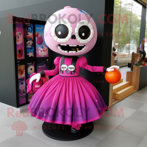 Magenta Skull mascot costume character dressed with a Circle Skirt and Handbags