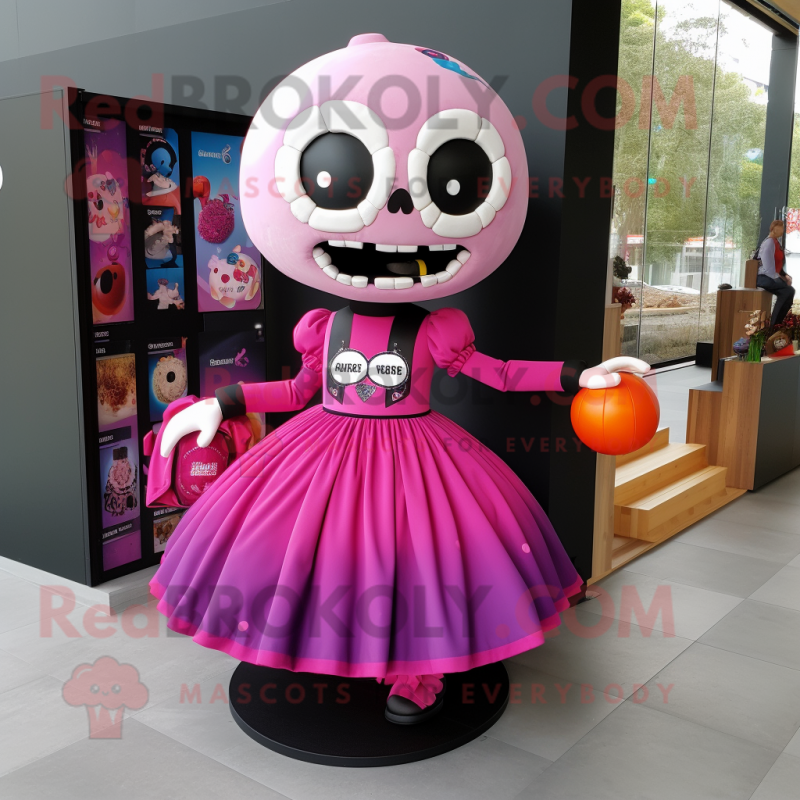 Magenta Skull mascot costume character dressed with a Circle Skirt and Handbags Magenta Skull mascot costume character dressed with a Circle Skirt and Handbags