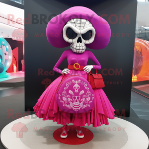 Magenta Skull mascot costume character dressed with a Circle Skirt and Handbags