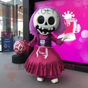 Magenta Skull mascot costume character dressed with a Circle Skirt and Handbags