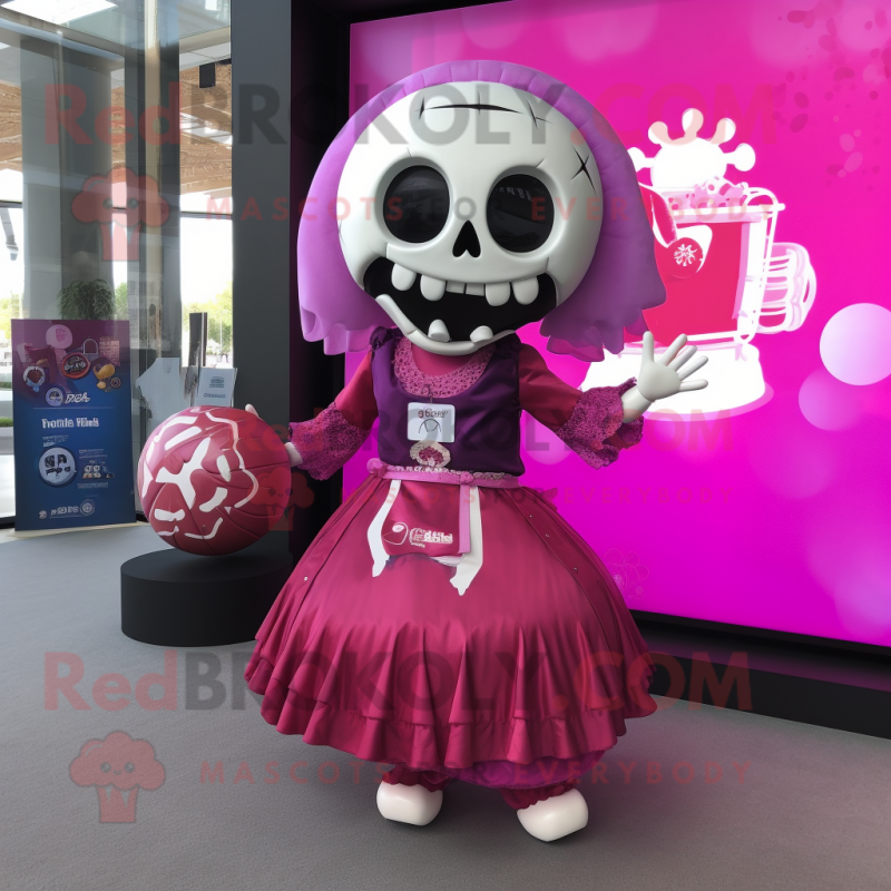 Magenta Skull mascot costume character dressed with a Circle Skirt and Handbags