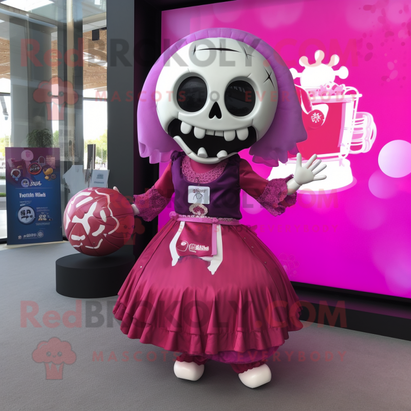 Magenta Skull mascot costume character dressed with a Circle Skirt and Handbags Magenta Skull mascot costume character dressed with a Circle Skirt and Handbags