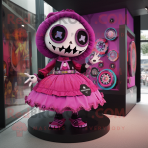 Magenta Skull mascot costume character dressed with a Circle Skirt and Handbags