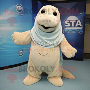 Beige Stellar'S Sea Cow mascot costume character dressed with a Bermuda Shorts and Shawls