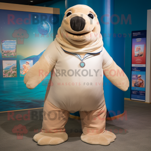 Beige Stellar'S Sea Cow mascot costume character dressed with a Bermuda Shorts and Shawls