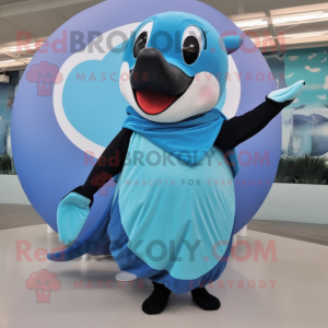 Sky Blue Killer Whale mascot costume character dressed with a Circle Skirt and Headbands