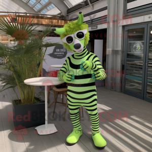 Lime Green Zebra mascot costume character dressed with a Playsuit and Sunglasses